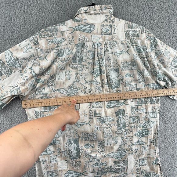 VTG Hook & Tackle Men's Medium Fish Pattern Button Camp Shirt Tan Green Fishing - Picture 9 of 13